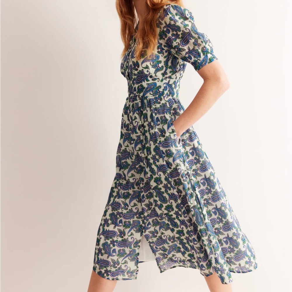BODEN White Blue Green Pink Paisley Print Elsa Crinkle Midi Tea Length Dress 4